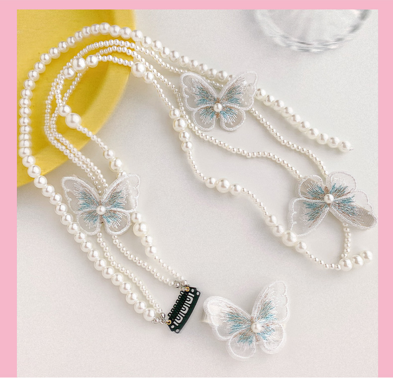 儿童珍珠编发链发饰女童蝴蝶结不伤发发夹小女孩流苏链条绑发头饰2双