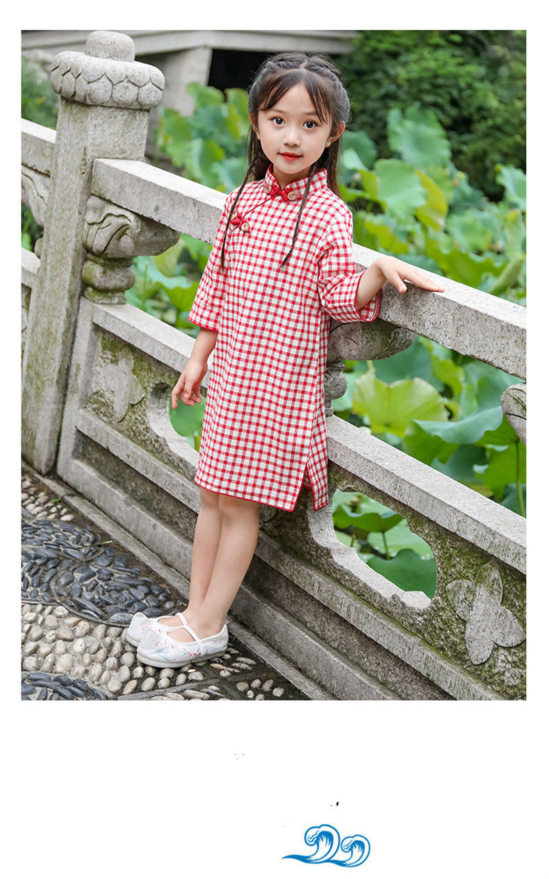 女童夏季旗袍裙中大童洋气格子公主连衣裙适合28岁小女孩穿的中国风