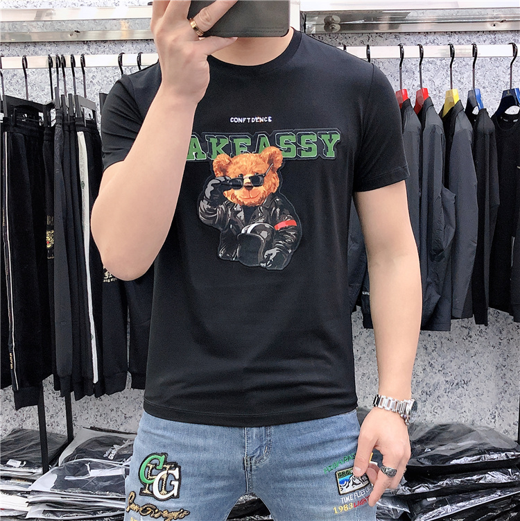 guci b lv品牌轻奢高端欧洲站潮牌短袖t恤男修身2022夏季潮流圆领小熊