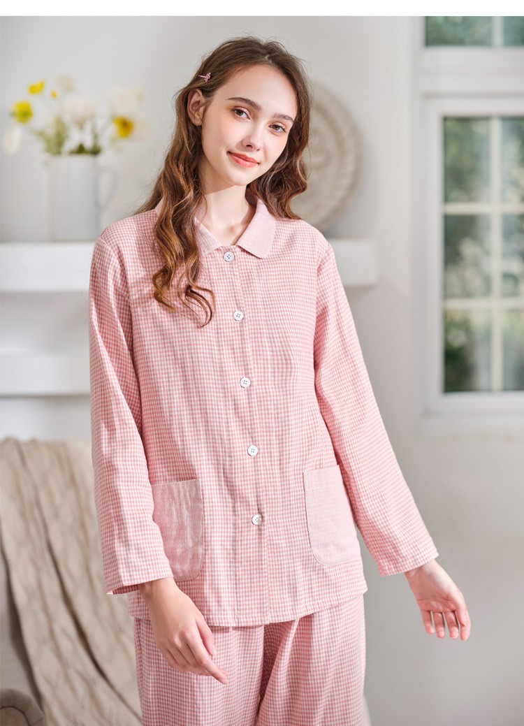 美标长袖纯棉睡衣套装女春秋双层棉纱2021新款可外穿甜美格子全棉可外