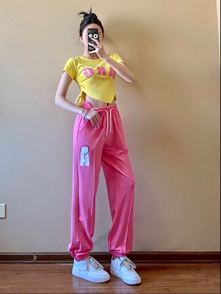 女夏夏季休闲套装女网红炸街小个子显高时尚减龄粉色爵士舞衣服两件套