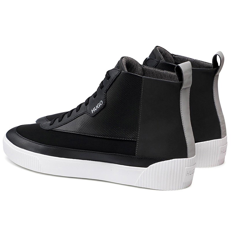 【现货】雨果博斯hugo boss男鞋黑色男士皮革拼接系带休闲高帮平底鞋