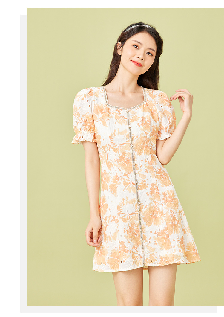 ief爱依服碎花连衣裙2021夏季新款法式方领小清新收腰泡泡袖短裙2324