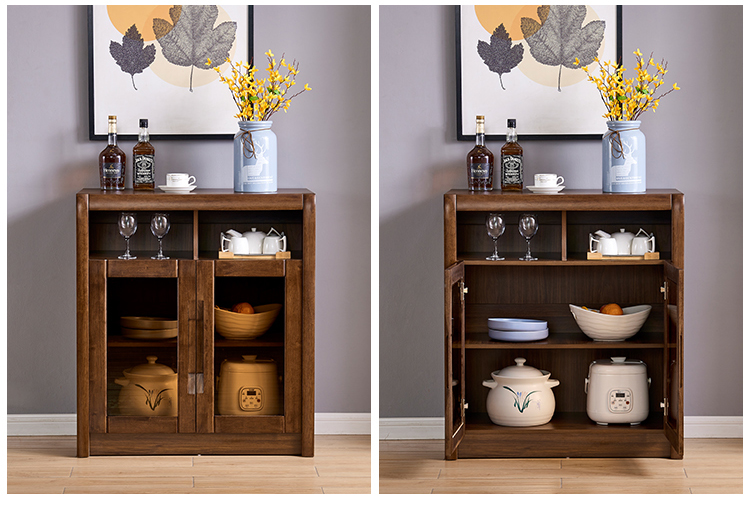 新中式餐边柜半实木碗柜储物柜餐厅备餐柜客厅茶水柜现代胡桃木色新颖