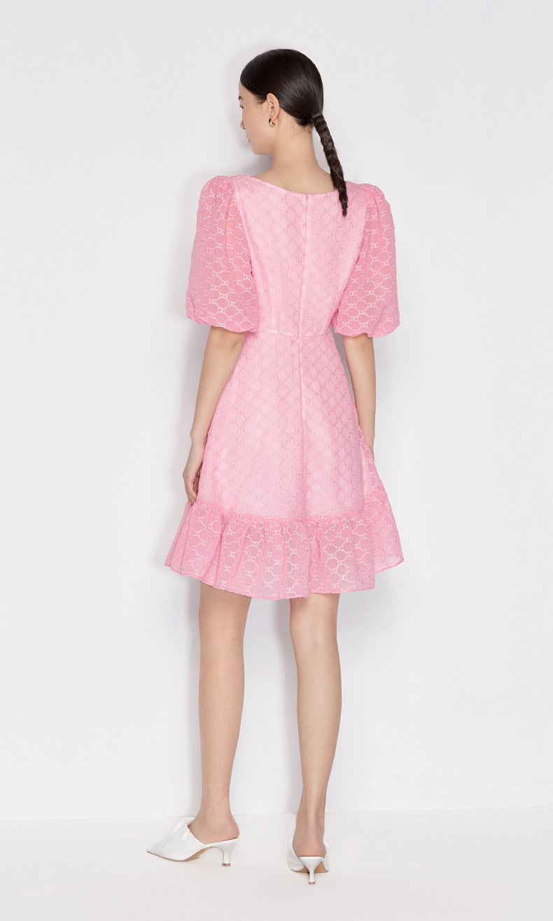 ochirly欧时力刺绣花边灯笼袖a字连衣裙 玫红130 xs【图片 价格 品牌