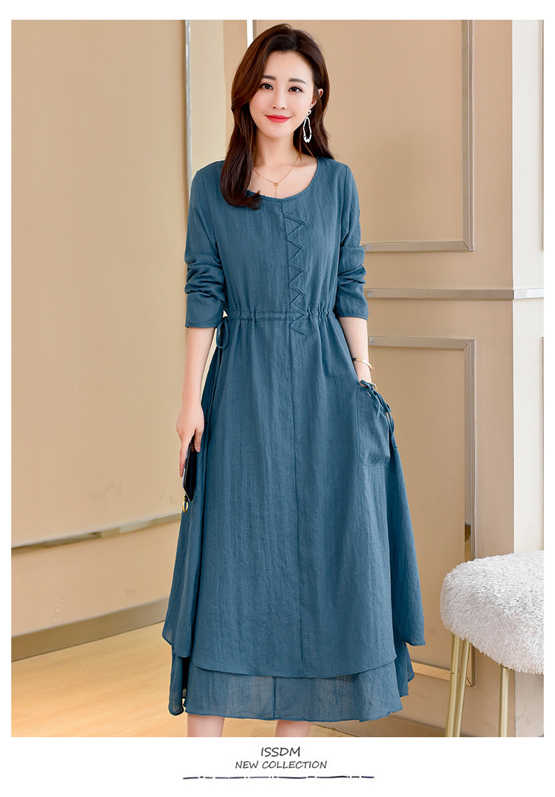 高端品质棉麻连衣裙长袖春秋腰部抽绳显瘦裙子2021早秋新款复古森系中