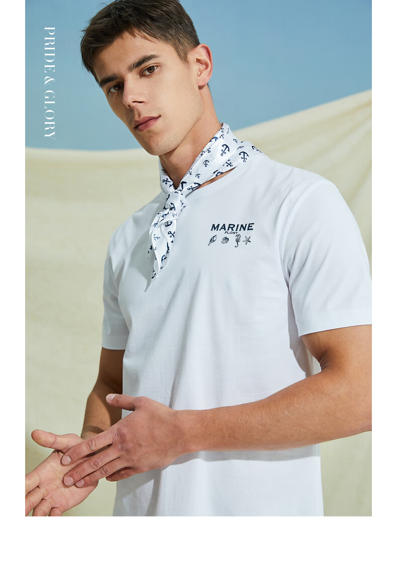 plory夏季海洋风男士休闲圆领纯棉短袖t恤白色165