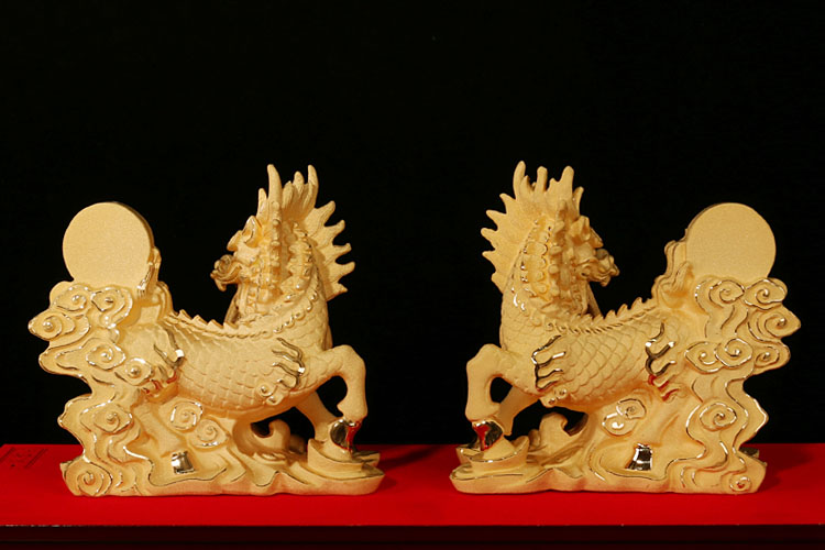 曼森雅诺 绒沙金金麒麟摆件福麒麟招财 一对风水家居客厅玄关装饰摆设