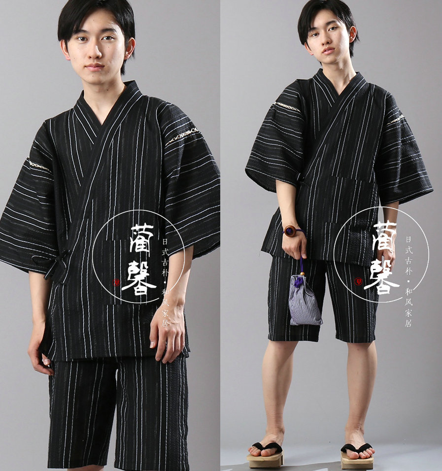 夏季花火大会夏日祭男士日本和服日式短袖睡衣汗蒸服浴衣甚平 19棋盘