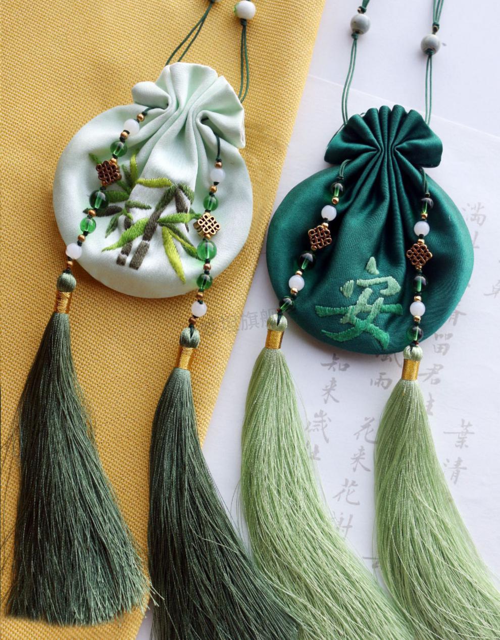 荷包刺绣 素荑集 竹染古风刺绣荷包 手工diy材料包 汉服香囊 自制创意