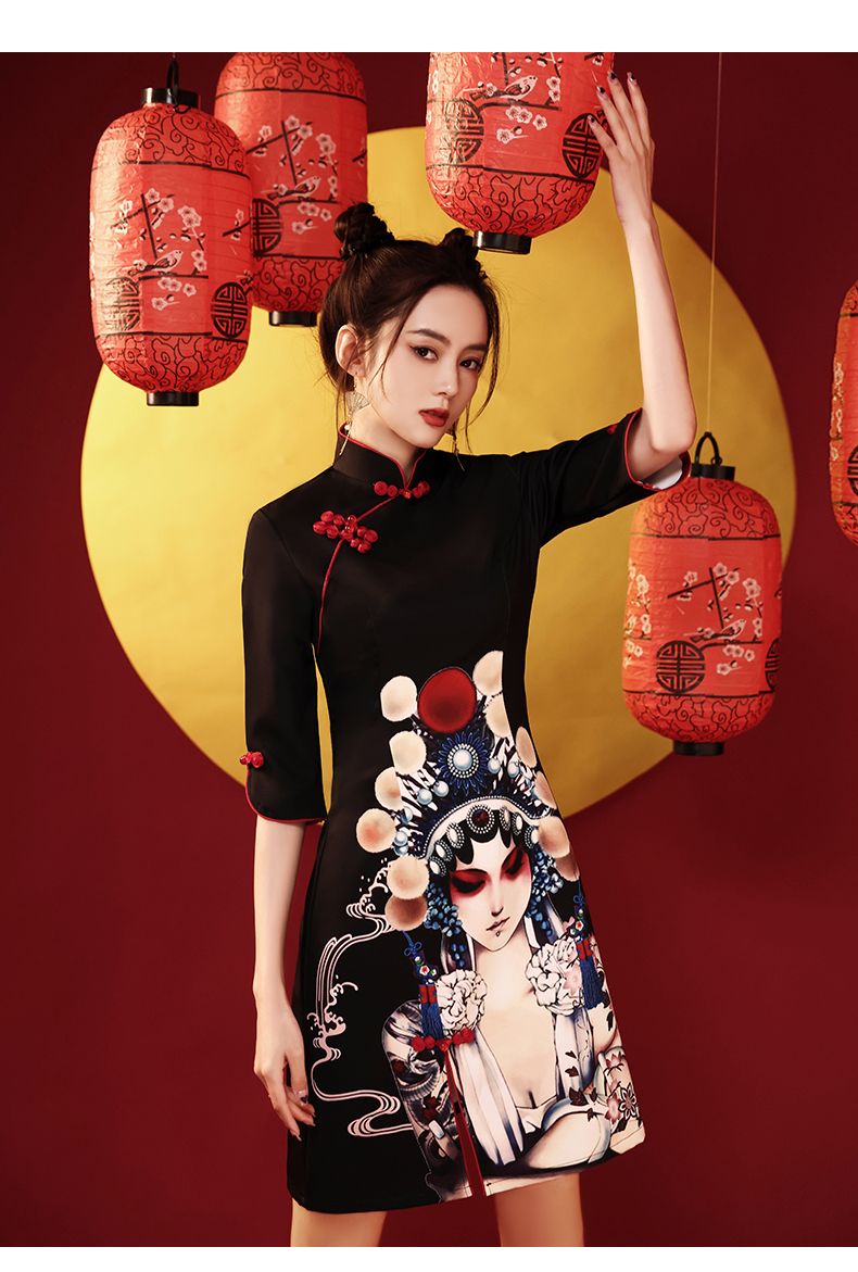 女装国潮旗袍裙年轻款2021新款少女改良黑色中国风复古连衣裙时尚短款