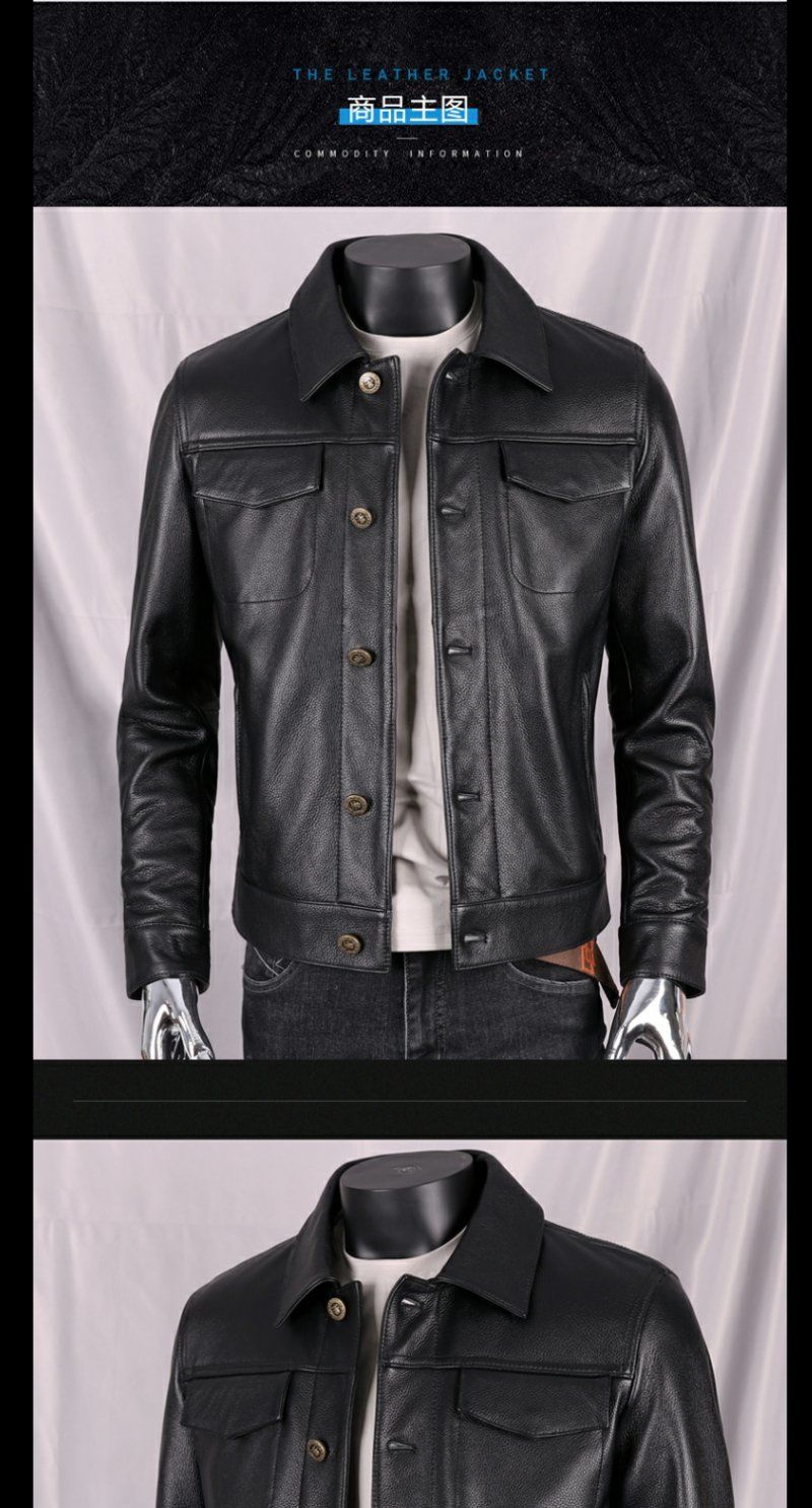 轻奢高端品质春秋头层牛皮皮衣男士短款翻领皮夹克休闲青年纯皮外套
