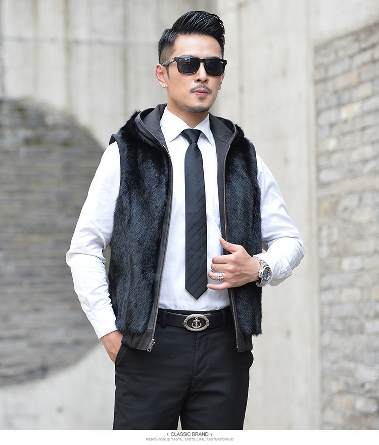 轻奢高端品质整貂皮马甲男水貂毛真貂皮草背心中老年坎肩连帽马夹保暖