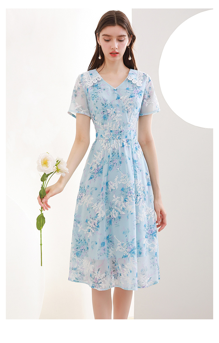 未风蓝色雪纺绣花连衣裙女夏2021年夏季新款高端气质优雅裙子 蓝色 s