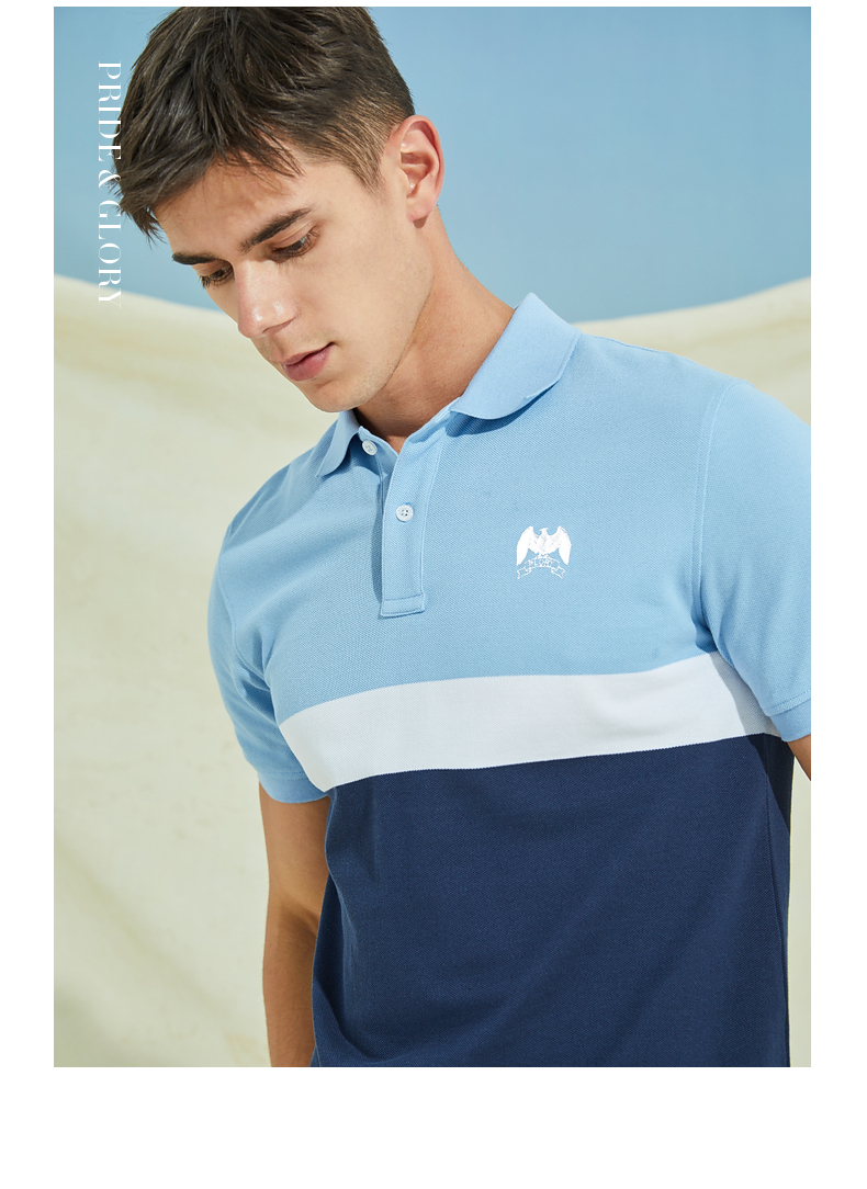 plory夏季休闲时尚简约商务撞色拼接老鹰刺绣全棉亲肤舒适男士短袖