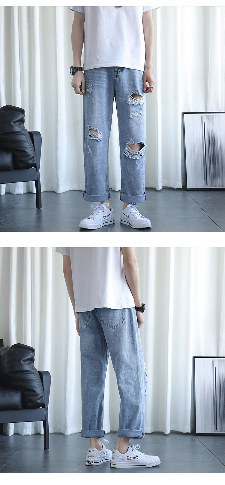 吴权湾胖哥5xl肥佬230斤薄款高街破洞牛仔裤男士宽松直筒夏季胖子九分