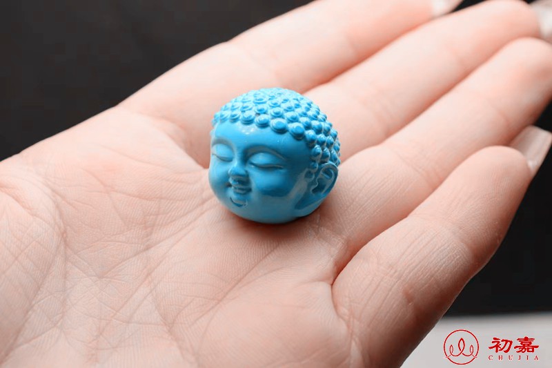 初嘉 绿松石湖北原矿高瓷弥勒佛头 配珠散珠三通套装文玩diy配饰 蓝色