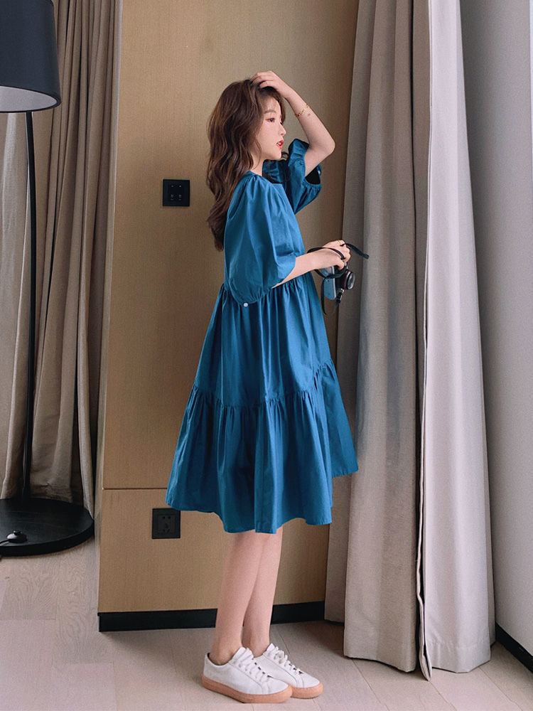 甜美森系娃娃裙女夏季ins法式复古泡泡袖a字初恋连衣裙蓝色xl140165