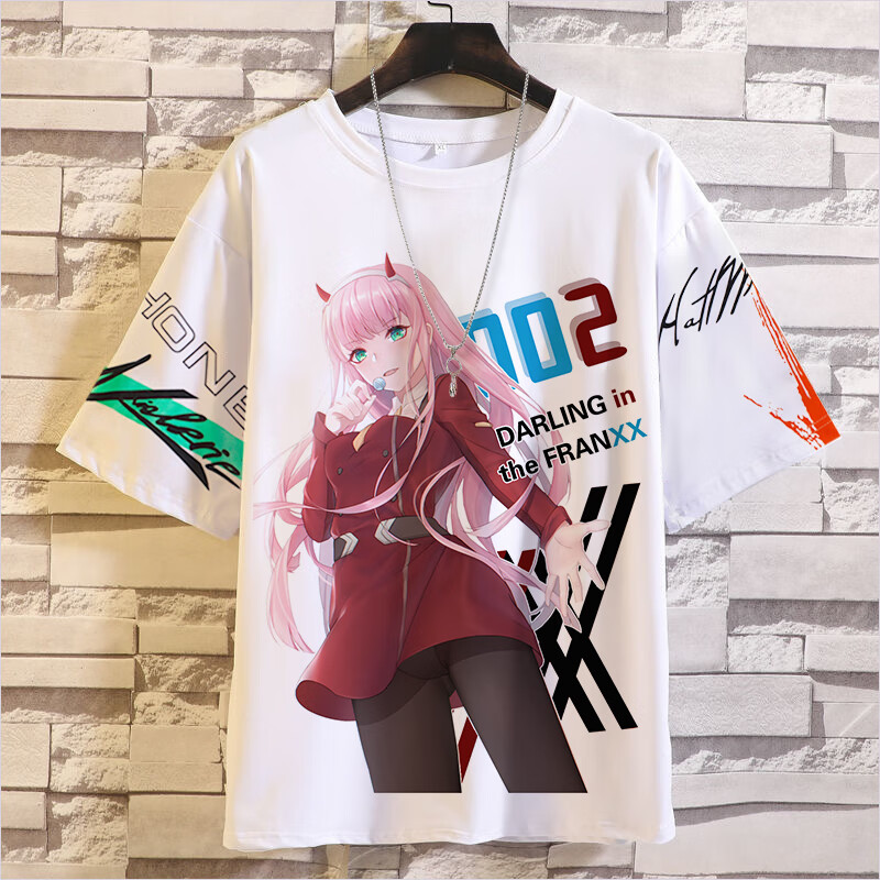 卡德迪darling in the franxx国家队02t恤夏季五分袖宽松动漫衣服男装