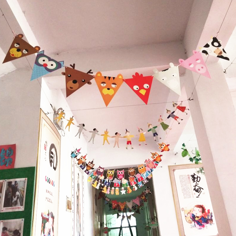 旺月岚山幼儿园教室装饰品儿童节日派对环境布置卡通动物三角旗子吊饰