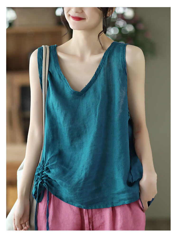 吊带背心打底薄款仿棉麻新款复古小背心宽松领抽绳无袖上衣气质外穿内