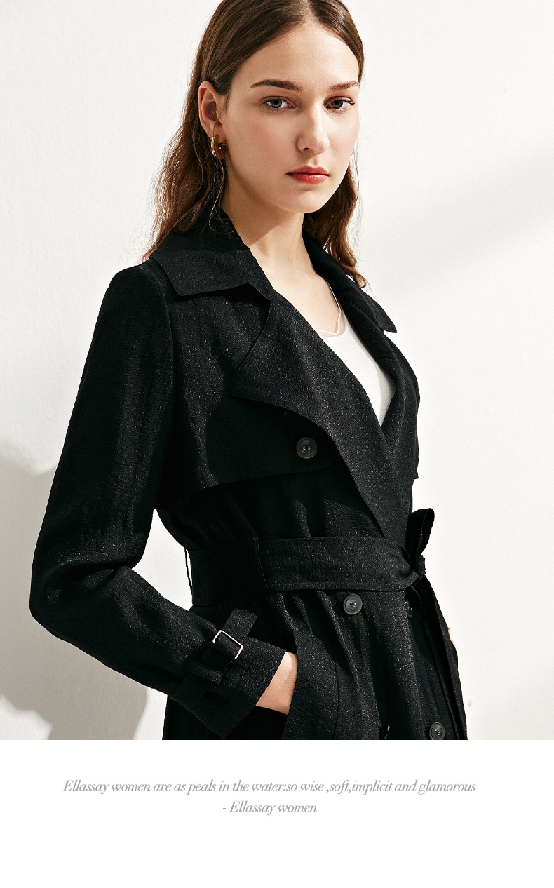 ellassay歌力思2021早春新款双排扣干练风衣女水粉蓝s