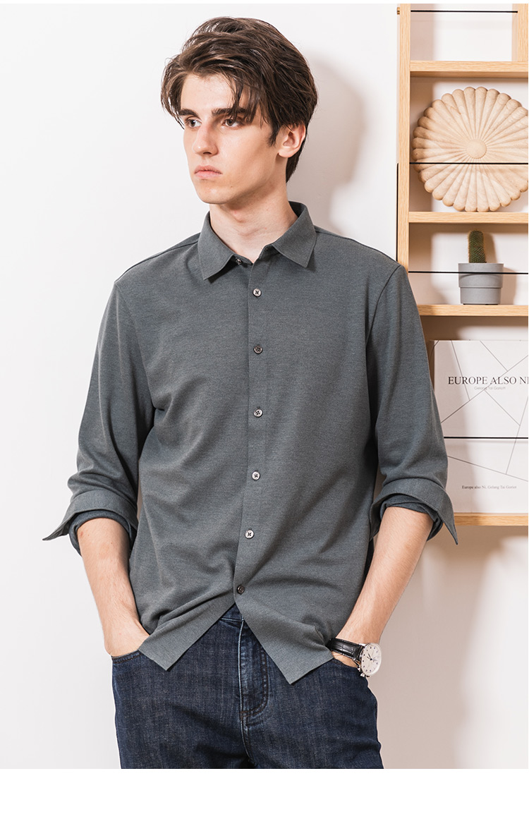 迪柯尼冬新款长袖针织衬衫热感绒衬衫经典翻领男士衬衣灰蓝180100a