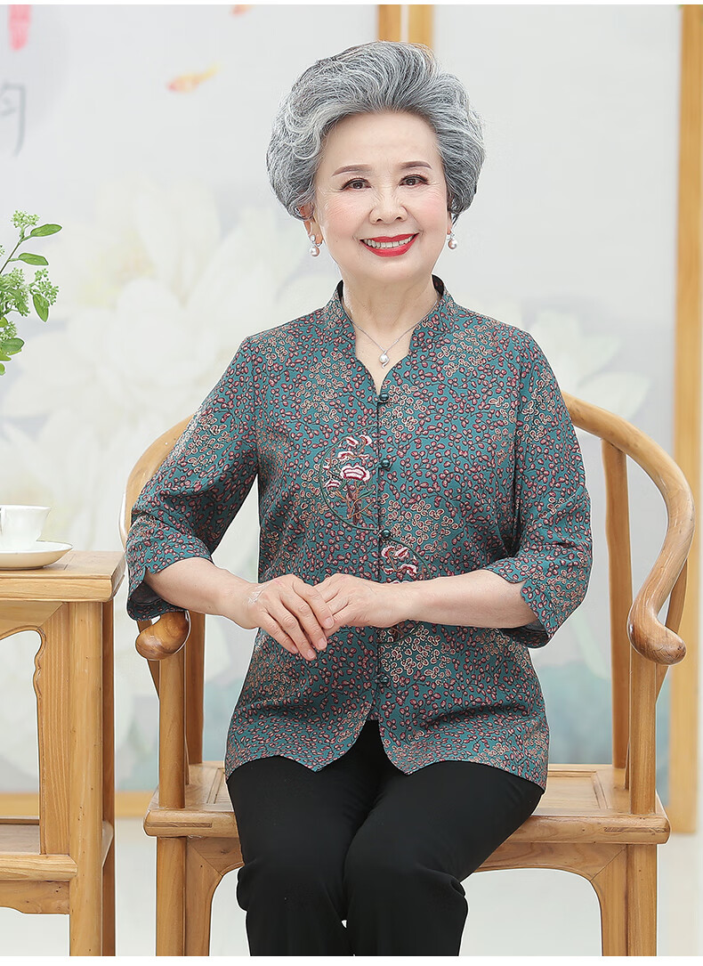 莎比菲奶奶装夏装衬衫上衣老太太夏天唐装绣花衬衣老人衣服老年人妈妈
