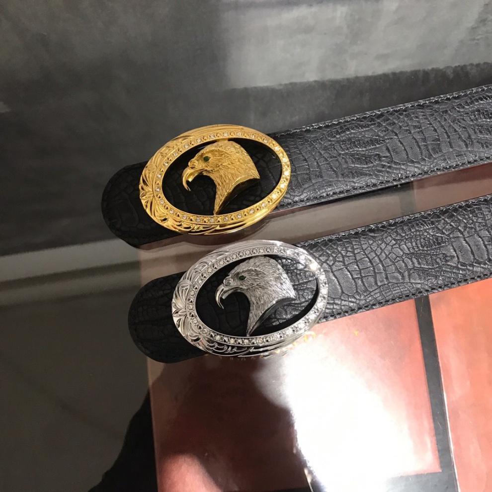 老鹰头实心纯铜扣头皮带腰带鳄鱼纹牛皮潮男黑色平滑扣黑皮金扣120