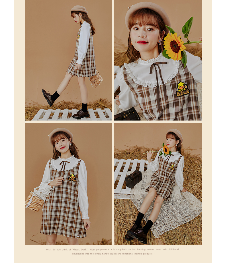 bduck小黄鸭女装连衣裙年秋季新款复古宫廷感格纹裙减龄蝴蝶咖啡色