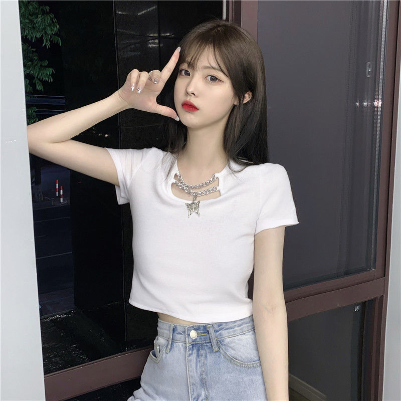 高腰t恤女短袖纯色修身显瘦韩版学生心机短款露肚脐上衣服ins风潮白色