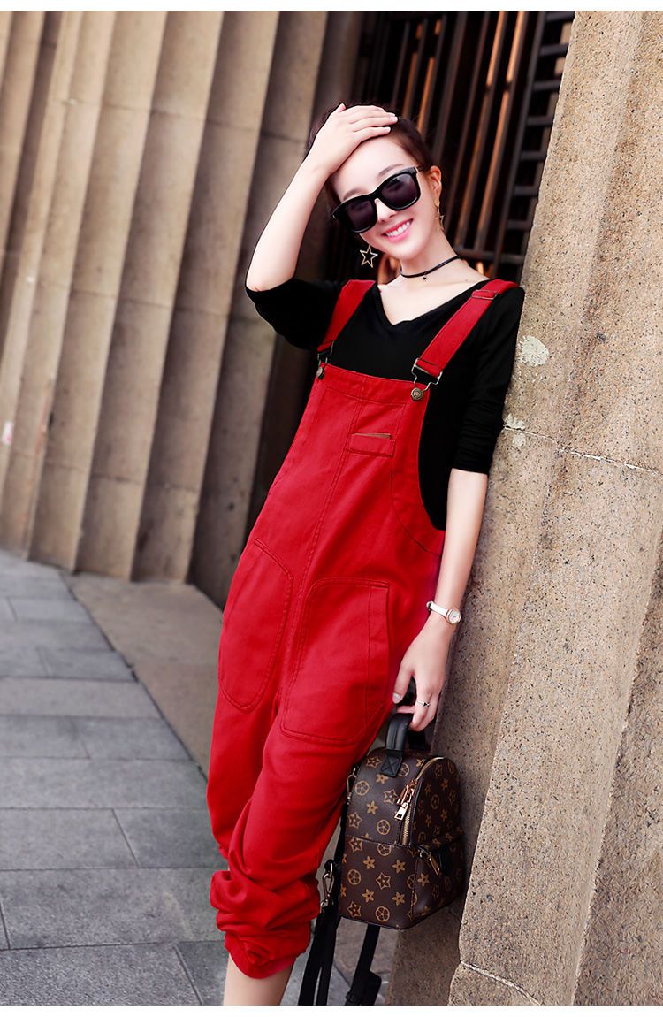 蒂美吉新上架高质量红色牛仔背带裤女2021款韩版显瘦宽松潮原宿风森女