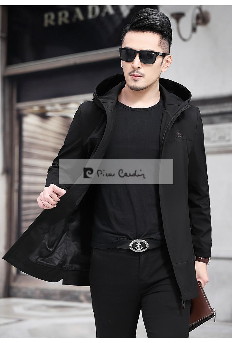 皮尔卡丹轻奢男装带帽风衣男中长款2021春秋季外套男中青年商务休闲
