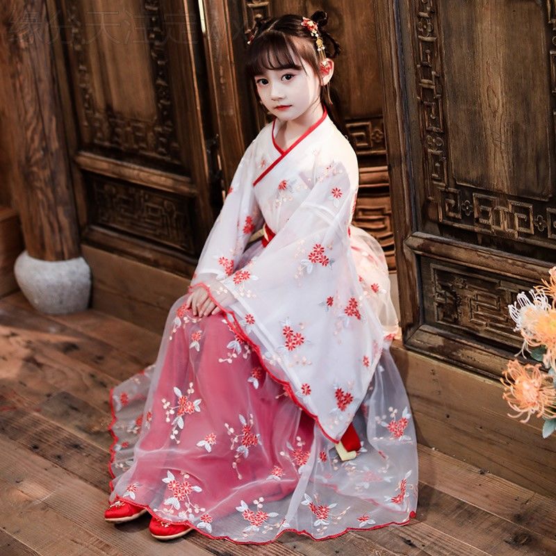 古装儿童女汉服女童仙女古代服装风小女孩古筝飘逸舞蹈表演服花色红色