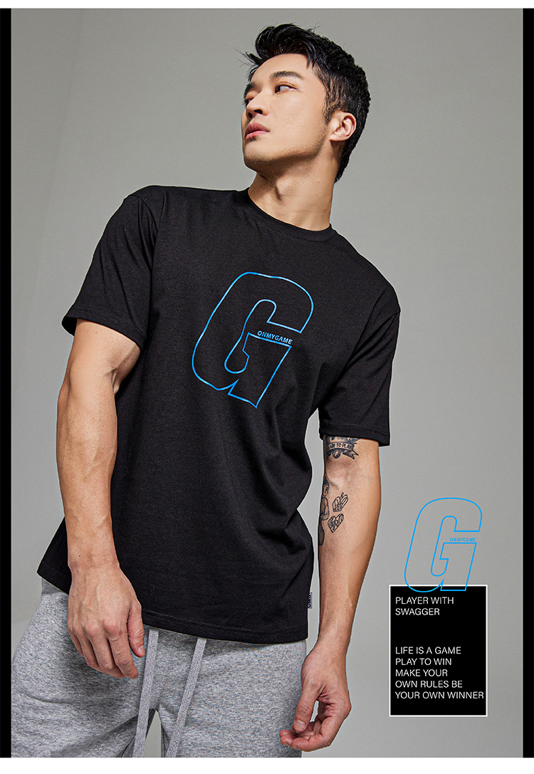 omg潮牌夏季250g纯棉速干短袖运动t恤男士休闲宽松训练健身衣服黑色l