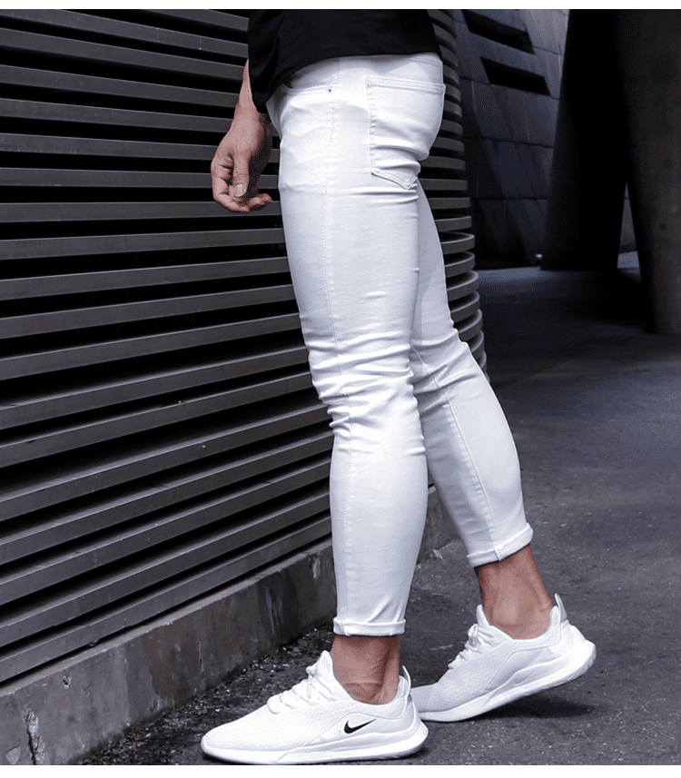 肌肉男牛仔裤紧身弹力健身运动修身潮流训练破洞休闲长裤九分裤子白色