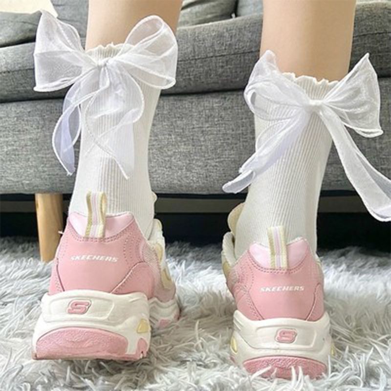 白袜子女蝴蝶结袜子仙气后跟男朋友蕾丝可爱日系白色jk花边春秋款 2