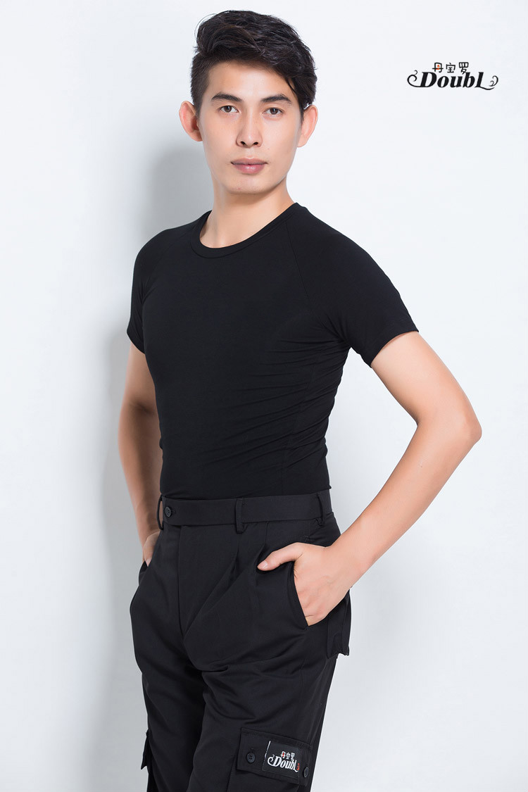 练功服上衣摩登舞新款拉丁舞服男成人国标舞新款男黑色吸汗长袖标圆领