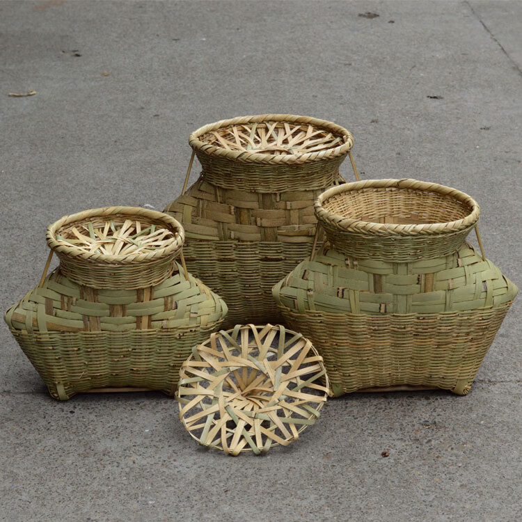 黄鳝篓手工竹编有盖鱼篓采摘篓黄鳝篓仿旧舞台道具竹篓 a款大号鱼篓带