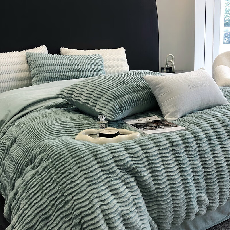 皮草牛奶绒四件套冬季珊瑚绒双面绒加厚兔毛绒被套床品 吉安娜-流沙白