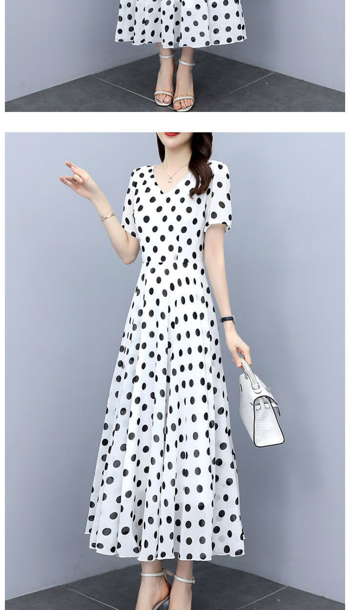 黑白点连衣裙雪纺波点连衣裙2022夏装短袖长款过膝收腰显瘦减龄气质长