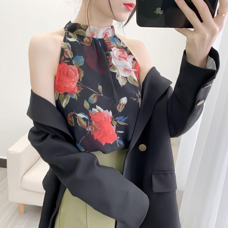 吊带背心女外穿 港味复古chic内搭吊带女雪纺外穿挂脖背心气质无袖