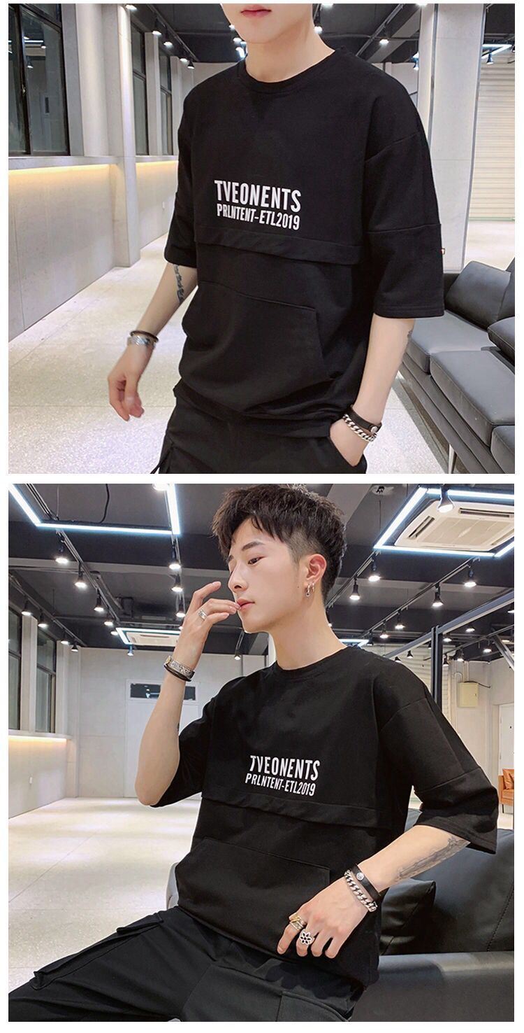 韩国ulzzang上衣服男潮流韩版帅气短袖五分袖卫衣青少年立领半袖t8081