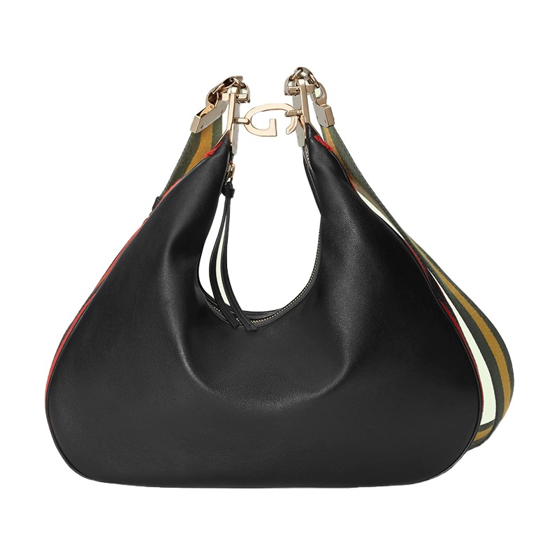 gucci古驰女包22秋冬新品attache月牙包皮革单肩包大号织带斜挎包