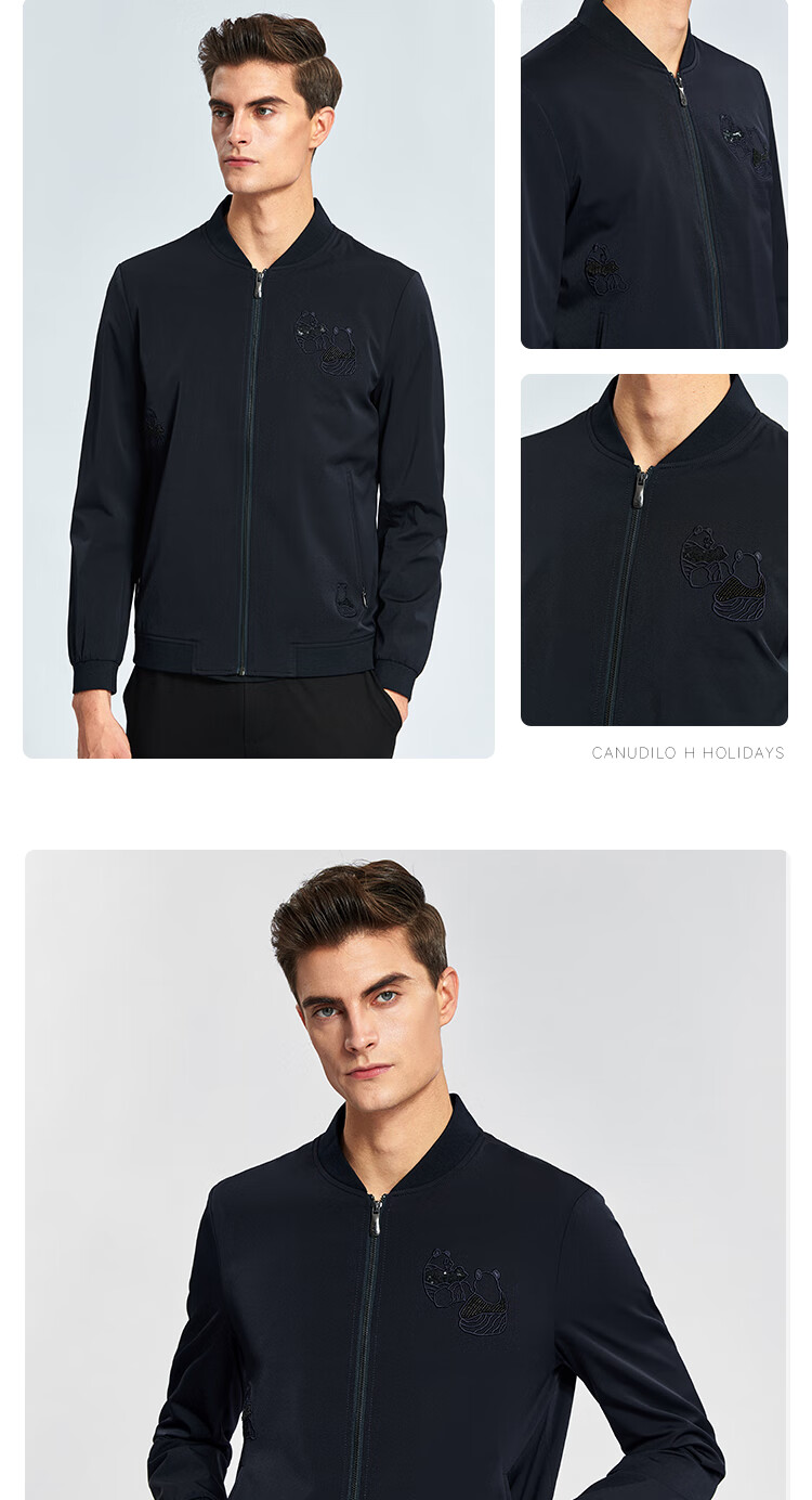 canudilo卡奴迪路熊猫ch时尚黑色夹克男棒球领服潮牌外套6321913501