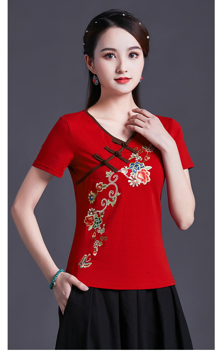 唐装女上衣夏天穿的中式民族风女绣花短袖夏季t恤血桖