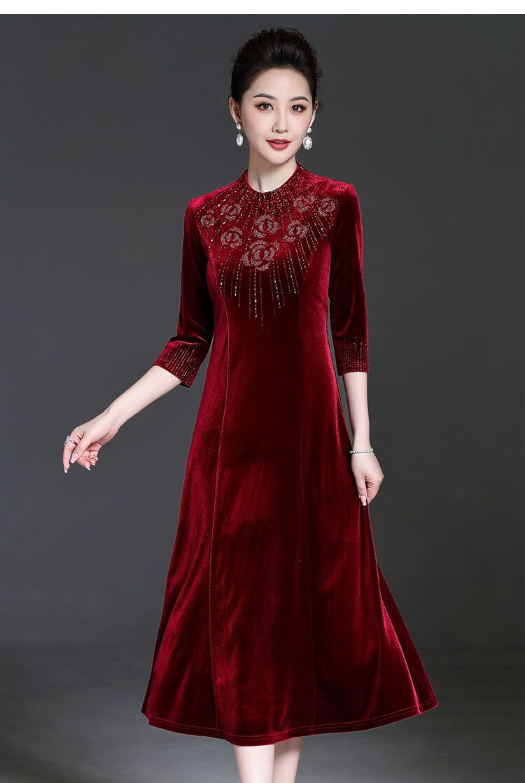 舒弗星婚礼妈妈礼服高贵小个子年轻喜婆婆婚宴装红色中年女金丝绒