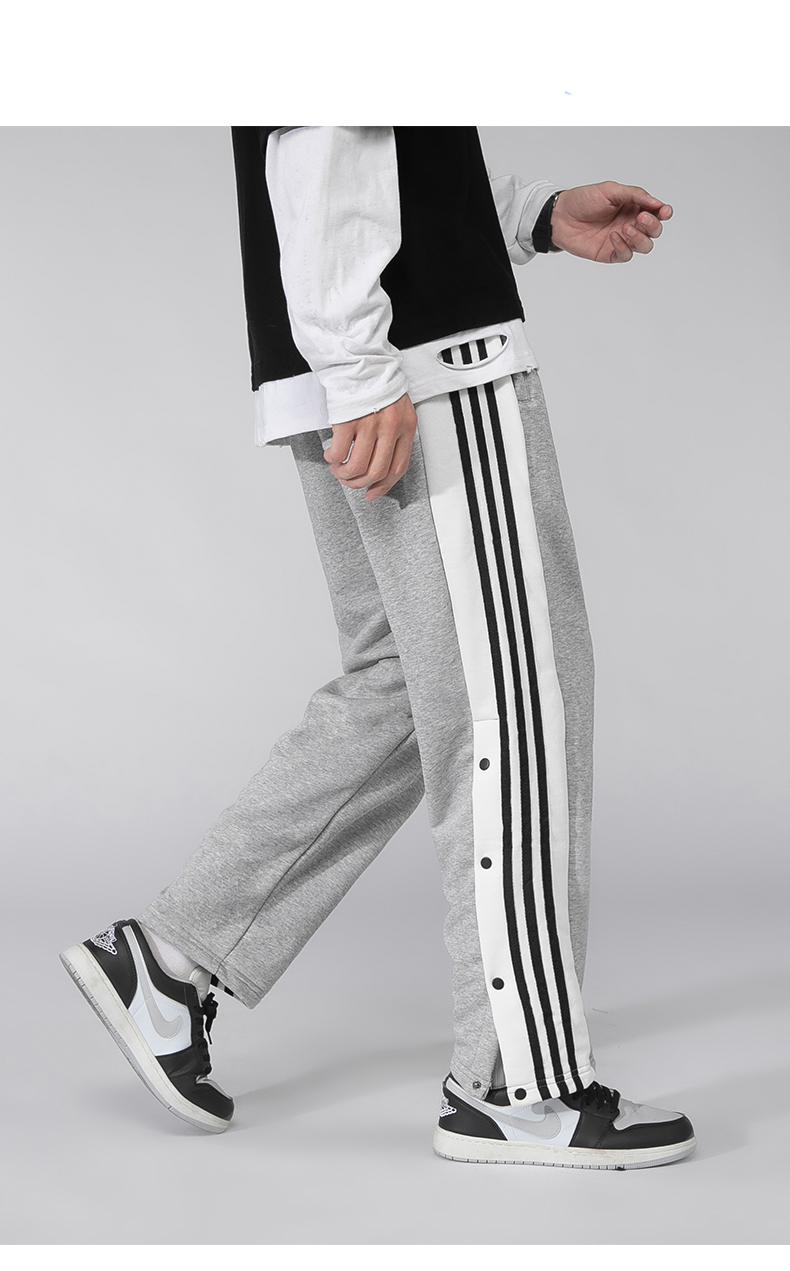 排扣裤男潮流全开扣束脚侧排篮球训练裤纽扣裤运动裤休闲宽松黑色3xl