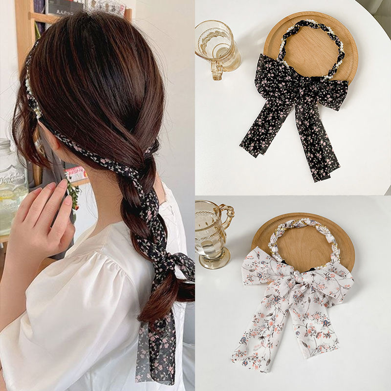 屿汐包带丝巾碎花发箍带飘带丝巾发带女绑发丝带发卡仙女发饰夏季薄款