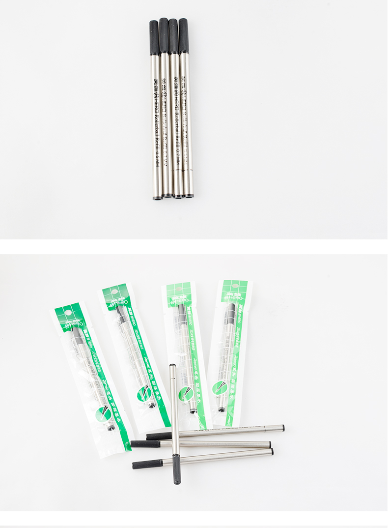 英雄宝珠笔芯金属签字笔水笔替芯0507mm直插式螺旋纹纯黑色中性笔h359